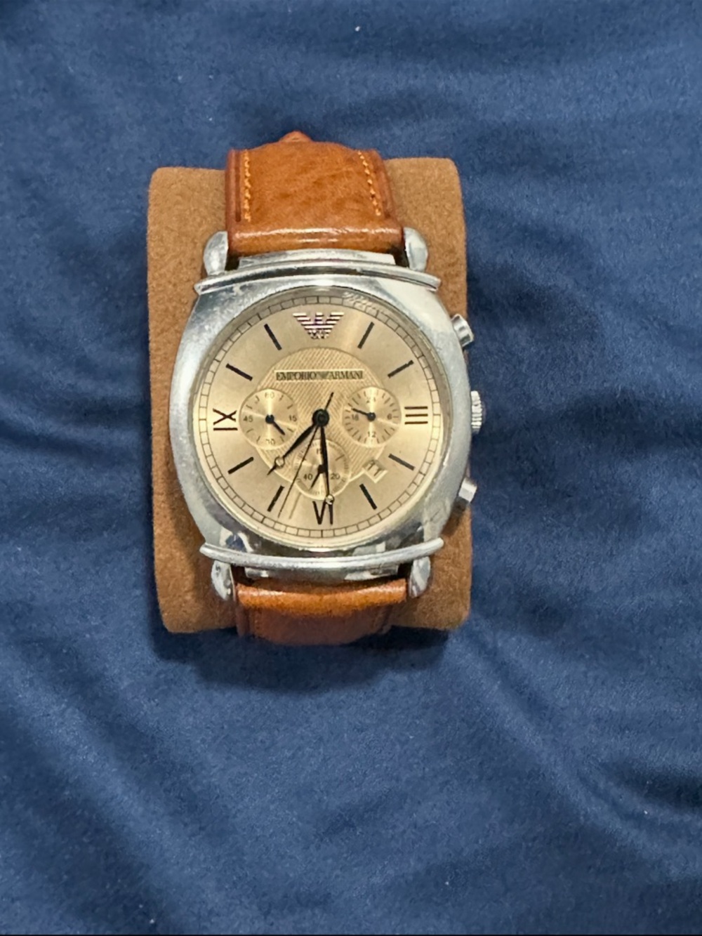Emporio Armani Tan Brown Leather Strap Gold Dial Chronograph Watch